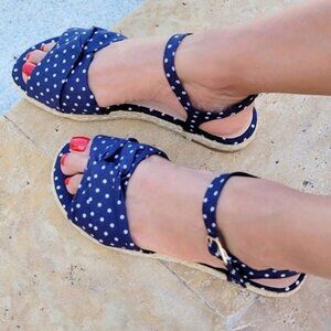 Women's Espadrille Open Toe Polkadot Ankle Strap Flat Sandals Blue Color